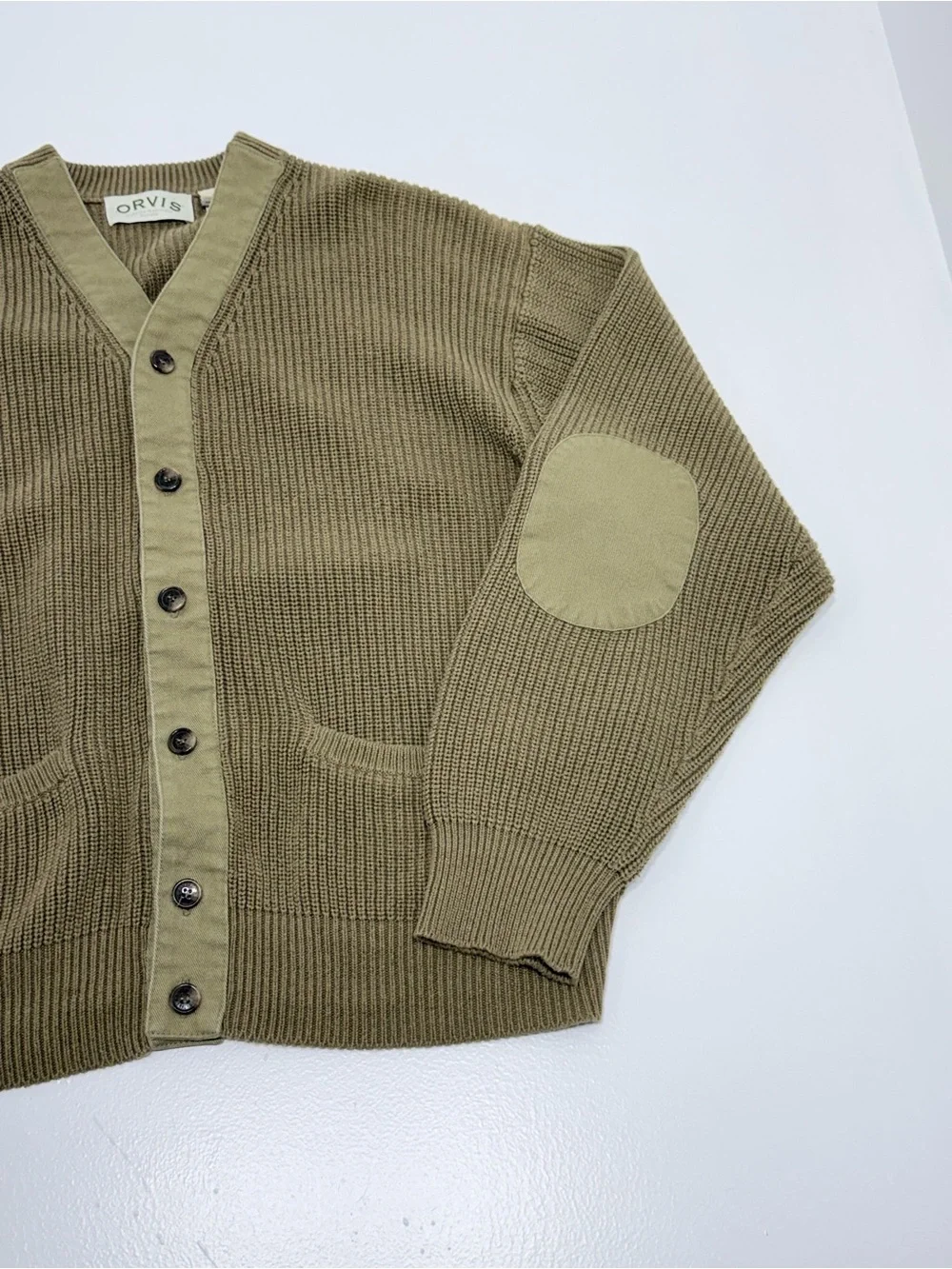 Orvis Men L Olive 100% Cotton V-Neck Rib Knit Cardigan Elbow Patch Button Front